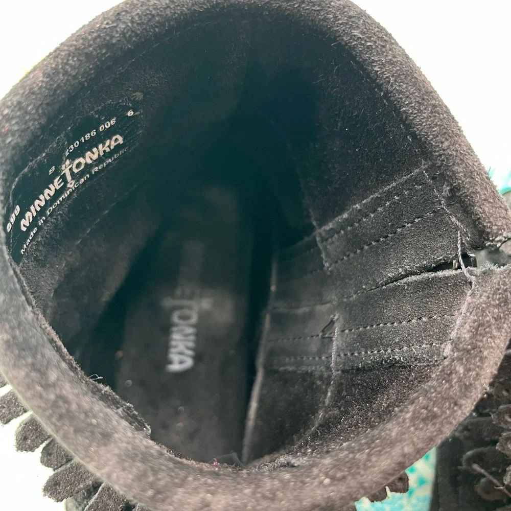 Minnetonka Black Fringe Suede Footwear